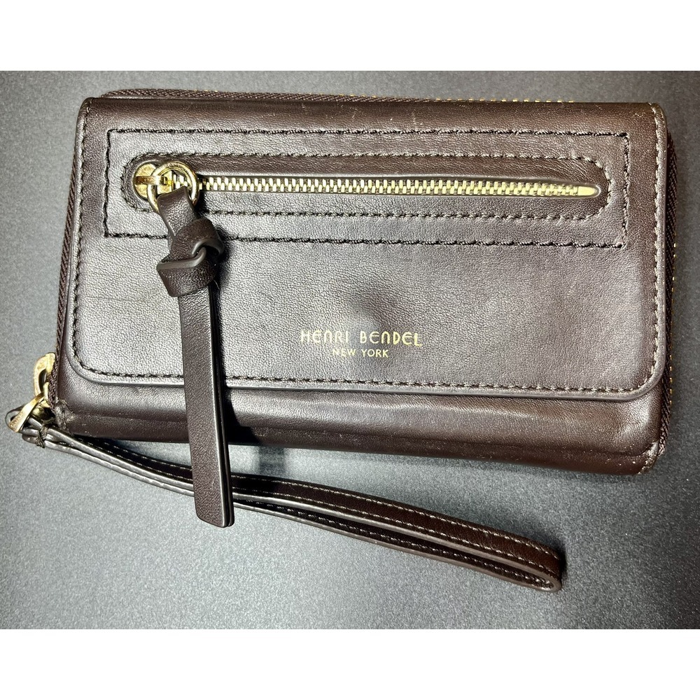 Henri Bendel Brown Leather Wristlet Wallet Zip Around Clutch‎ Gold Hardware
